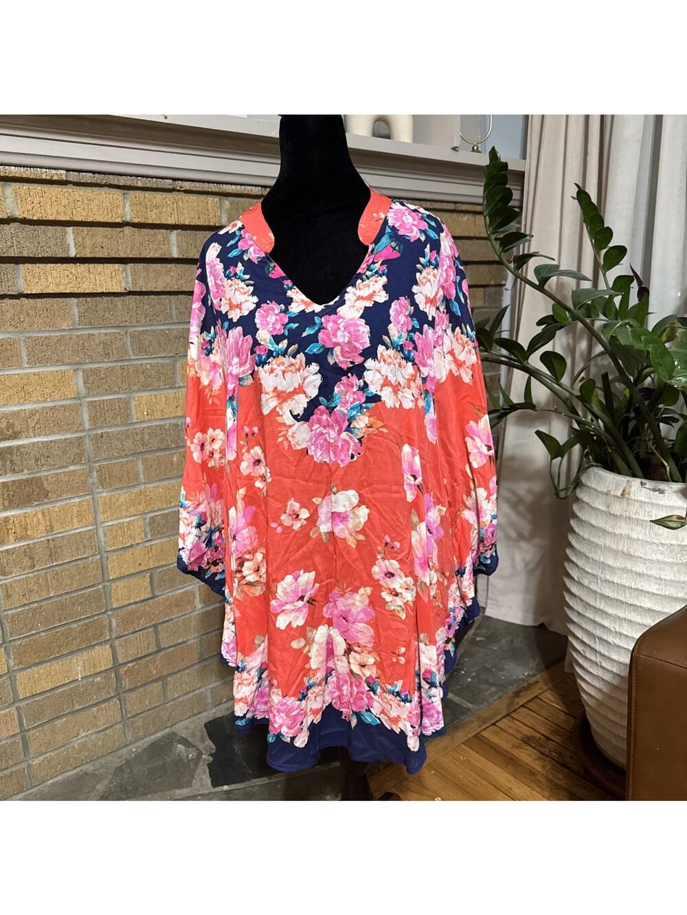 Tolani Collection Flowy Modal Poncho Top Birds and Floral Women's 1X